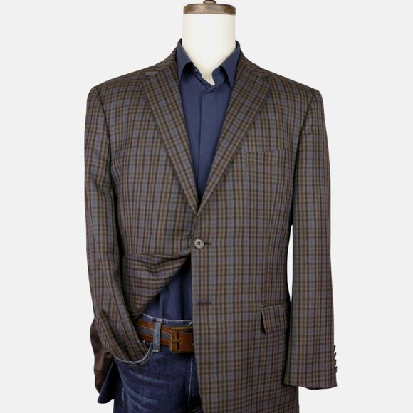 Joseph Abboud Sport Coat Blazer Mens 44R Brown Blue Plaid Wool 2 Button - Picture 1 of 16